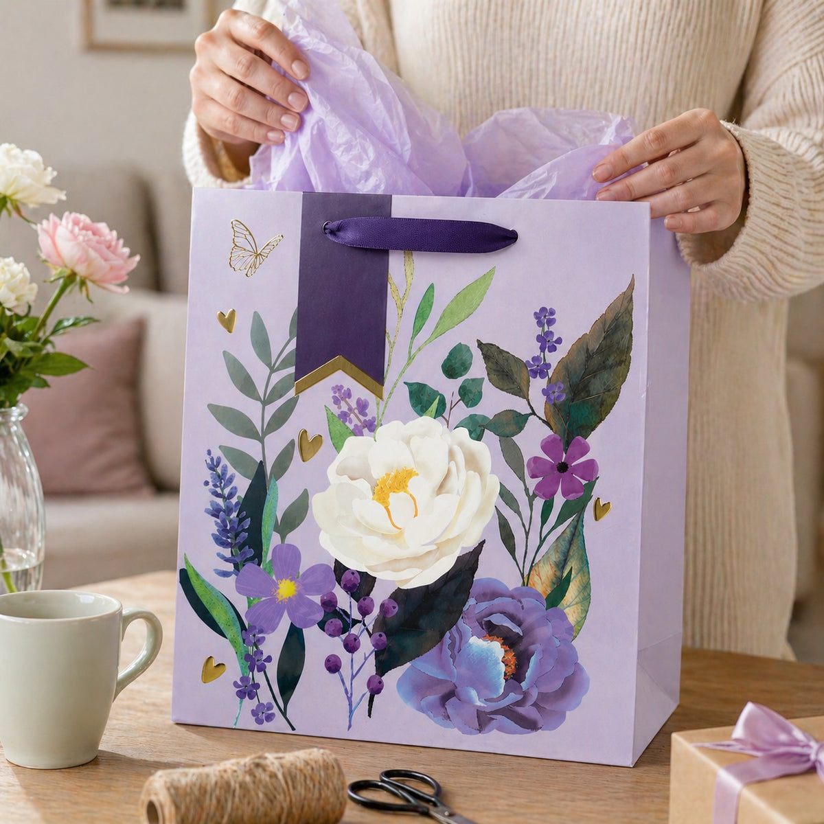 Clairefontaine Eurowrap Elegant Floral Gift Bag Multicolour Large 26.5cm x 14cm x 33cm Pack of 6 37247-2C | Decorative Gift Bag | Paper Gift Bag with Handles | Occasion Gift Wrap Bag