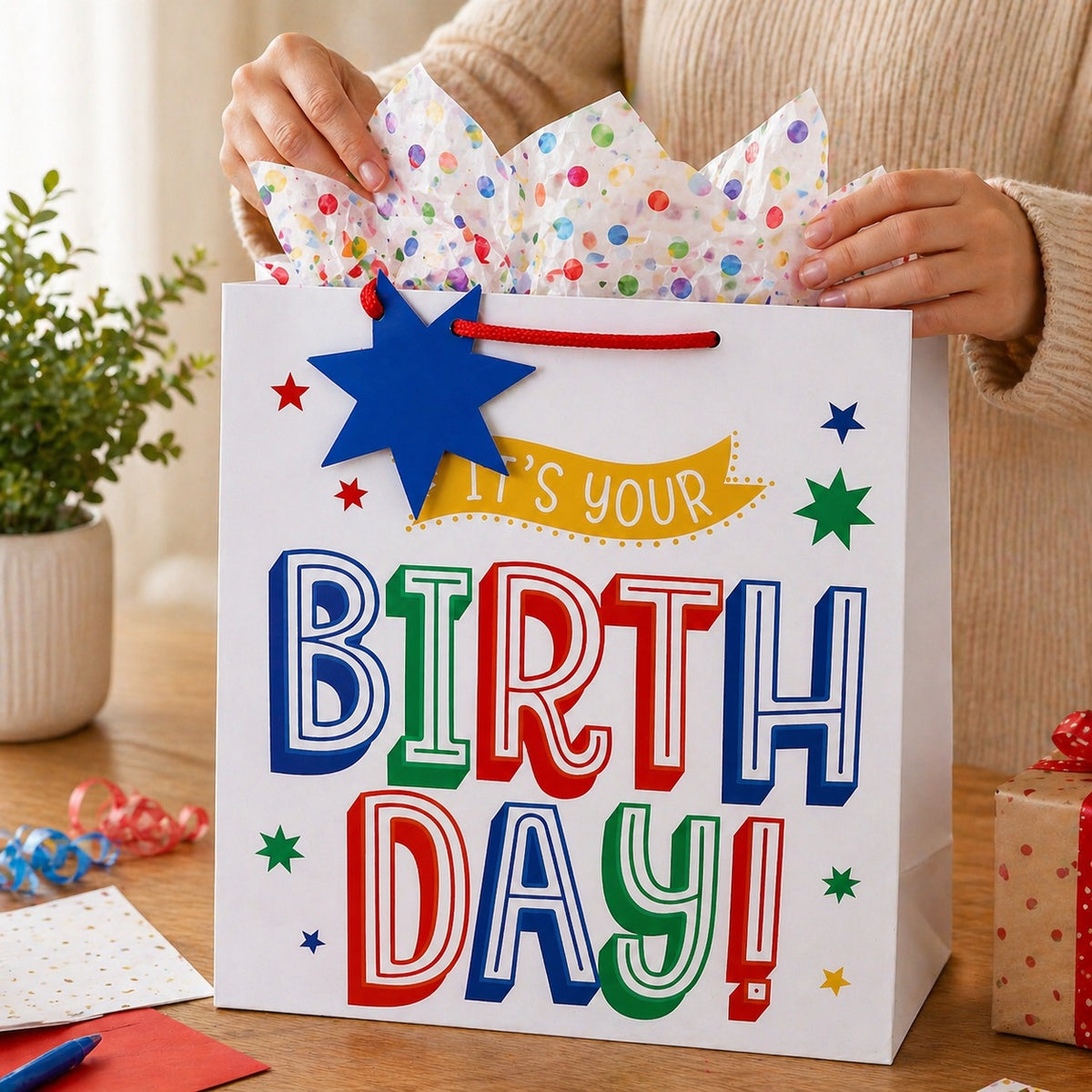 Clairefontaine Eurowrap Happy Birthday Text Gift Bag Multicolour Large 26.5cm x 14cm x 33cm Pack of 6 35362-2C | Decorative Gift Bag | Paper Gift Bag with Handles | Occasion Gift Wrap Bag