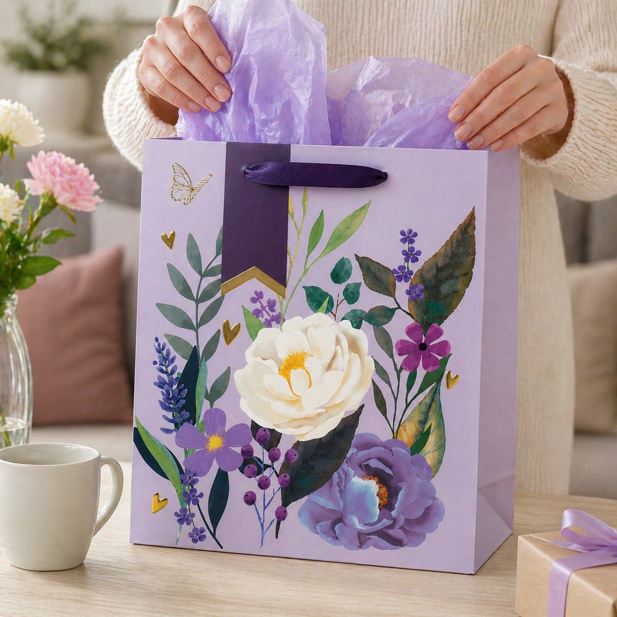 Clairefontaine Eurowrap Elegant Floral Gift Bag Multicolour Medium 21.5cm x 10.2cm x 25.3cm Pack of 6 37247-3C | Decorative Gift Bag | Paper Gift Bag with Handles | Occasion Gift Wrap Bag