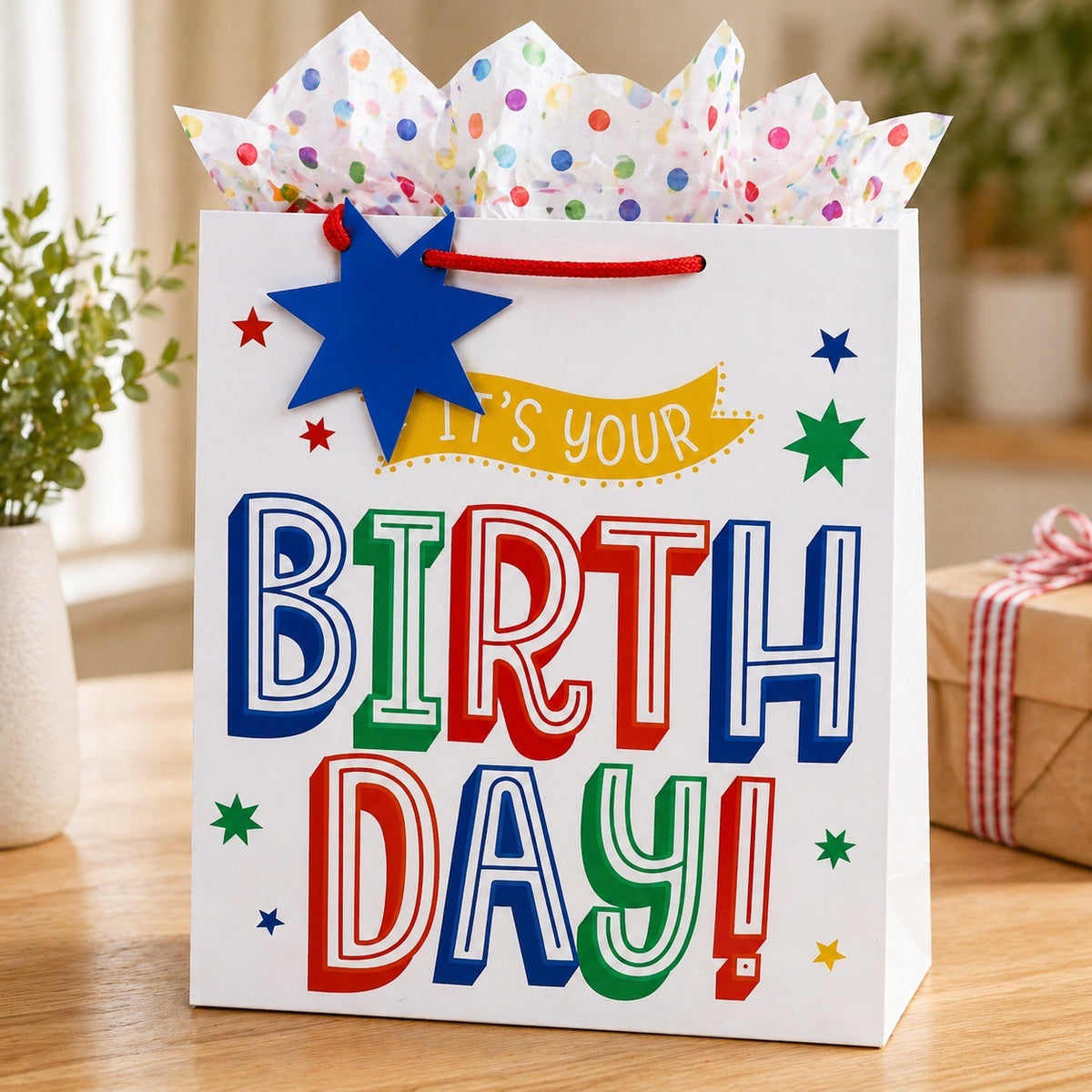 Clairefontaine Eurowrap Happy Birthday Text Gift Bag Multicolour Medium 21.5cm x 10.2cm x 25.3cm Pack of 6 35362-3C | Decorative Gift Bag | Paper Gift Bag with Handles | Occasion Gift Wrap Bag