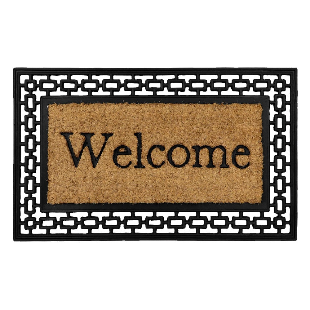 JVL Mila Rubber Tuffscrape Mat Black and Brown 45cm x 75cm 02-186 | Embossed with a Rubber Welcome Greeting | Coir Provides Excellent Scraper Qualities | Removes Heavyweight Dirt and Moisture | Long Lasting Heavy Duty Construction | Attractive Rubber Border Surrounds the Coir | Suitable For All Year Round Use