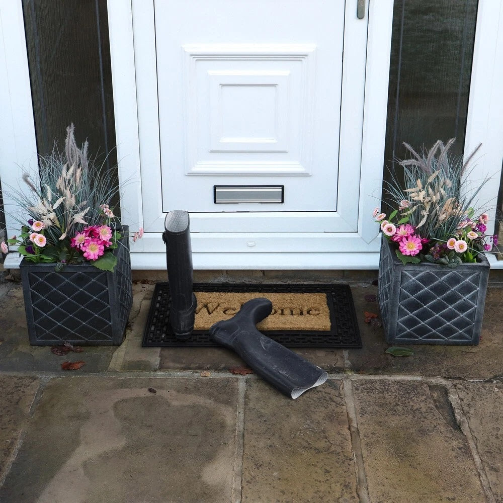 JVL Mila Rubber Tuffscrape Mat Black and Brown 45cm x 75cm 02-186 | Embossed with a Rubber Welcome Greeting | Coir Provides Excellent Scraper Qualities | Removes Heavyweight Dirt and Moisture | Long Lasting Heavy Duty Construction | Attractive Rubber