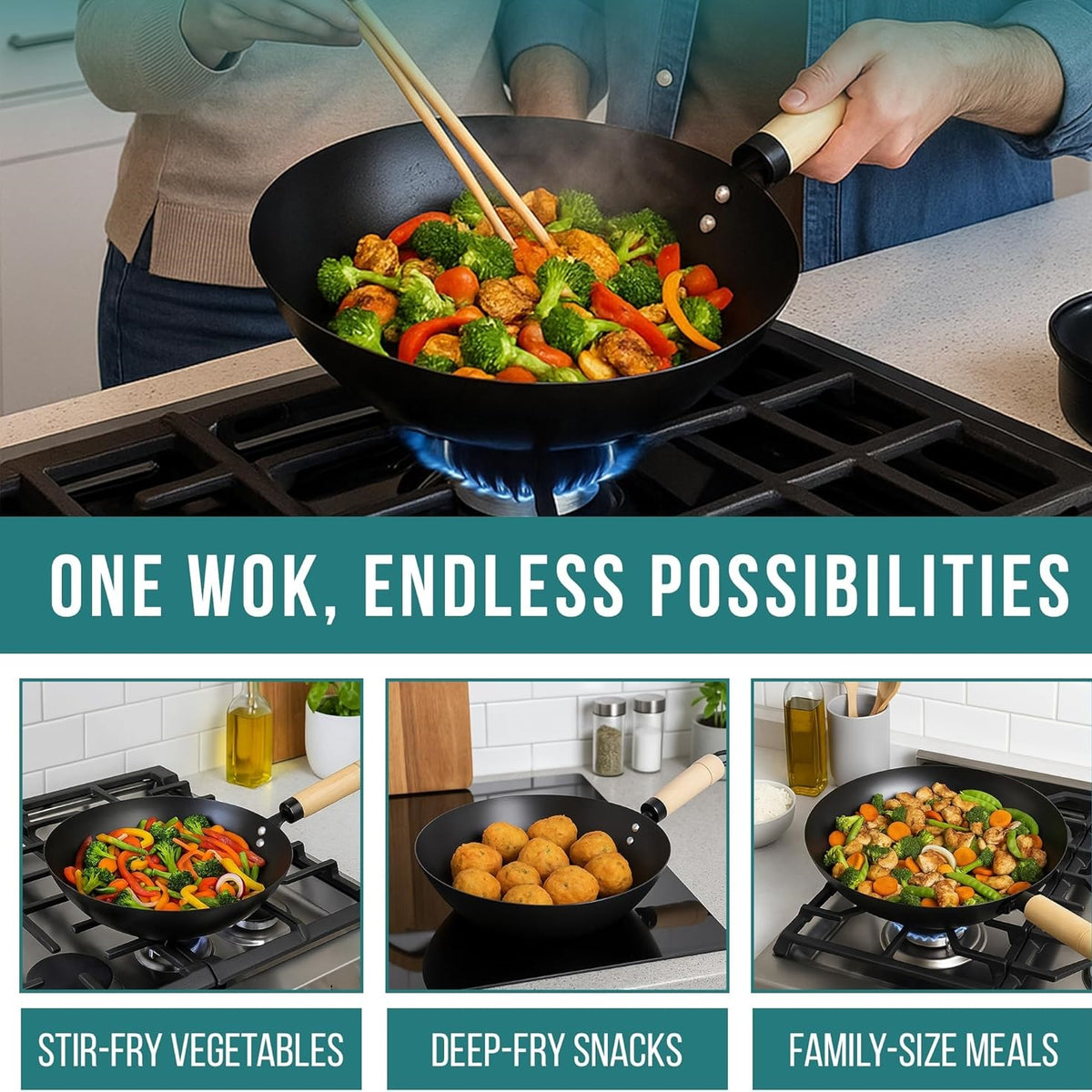 Pendeford First Choice Non-Stick Wok with Authentic Wooden Handle Black 47cm x 32cm x 15cm P172 | Flat Bottom | Carbon Steel | Quality Non-Stick Coating | Dishwasher Safe | Stir Fry Pan | Frying Wok Pan | Kitchen Cookware | Cooking Wok Pan | Non Stick Frying Pan