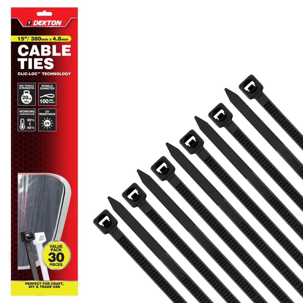 Dekton Heavy-Duty Multi Purpose Cable Ties Black 380mm x 4.8mm Pack of 30 DT70476B | Clic-Loc Technology | High Tensile Strength | Temperature Resistant | Self-Locking Teeth | For Indoor and Outdoor Use | UV Resistance | Bundle Diameter 100mm | Holds Up
