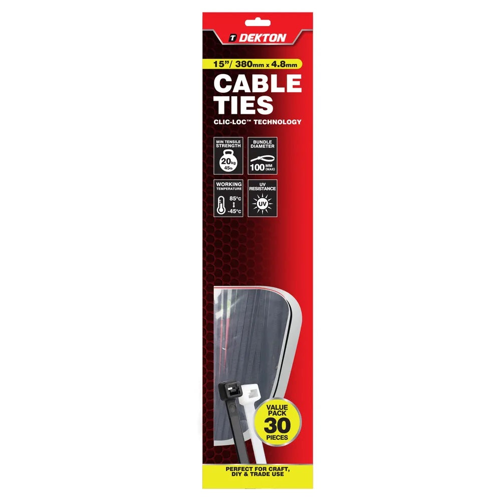 Dekton Heavy-Duty Multi Purpose Cable Ties Black 380mm x 4.8mm Pack of 30 DT70476B | Clic-Loc Technology | High Tensile Strength | Temperature Resistant | Self-Locking Teeth | For Indoor and Outdoor Use | UV Resistance | Bundle Diameter 100mm | Holds Up