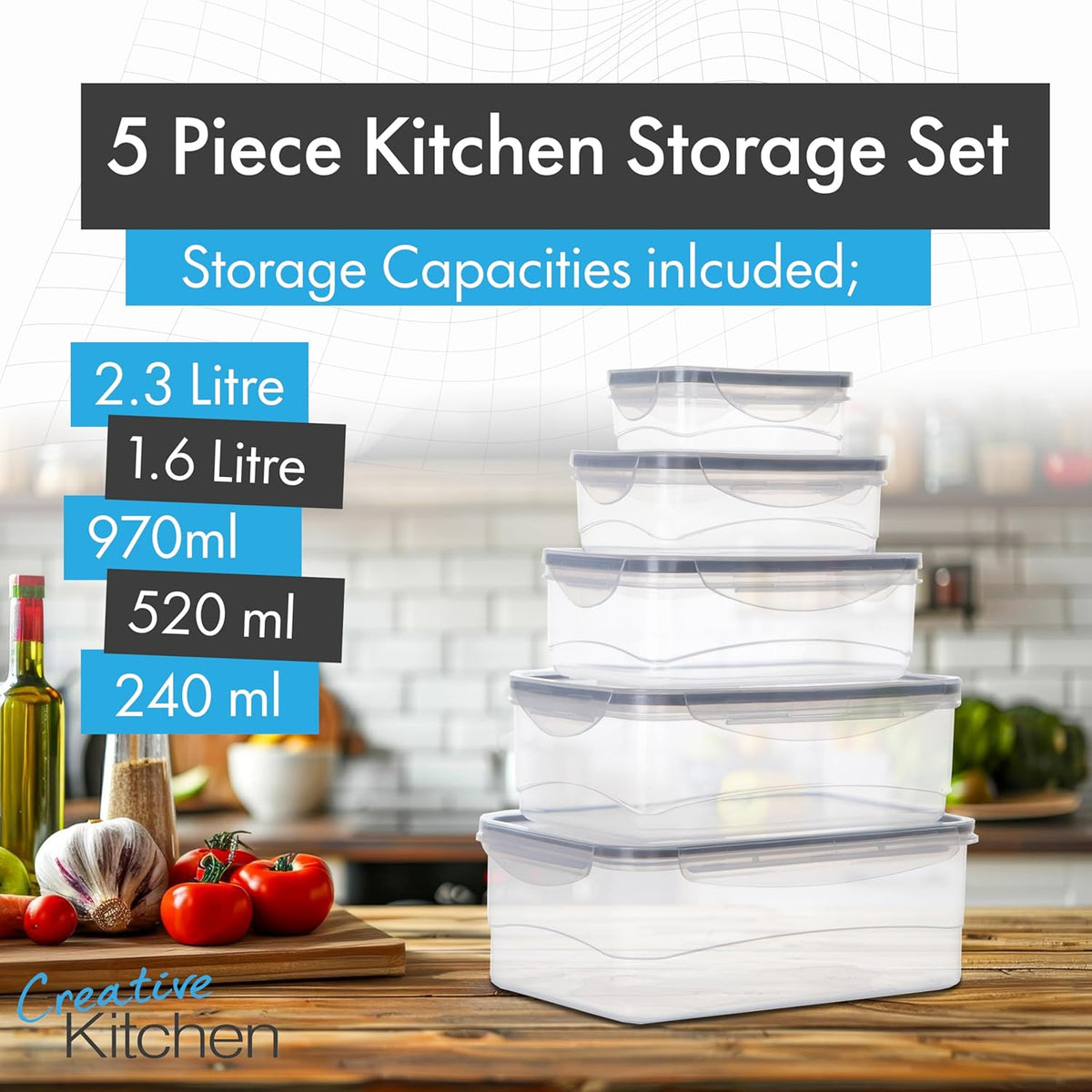 Pendeford Creative Kitchen Storage Containers with Lids Clear Pack of 5 3420 | Stackable | BPA Free | Leak Proof with Steam Valve | Multi Size 2370ml | 1640ml | 970ml | 520ml | 240ml | Food Storage Boxes