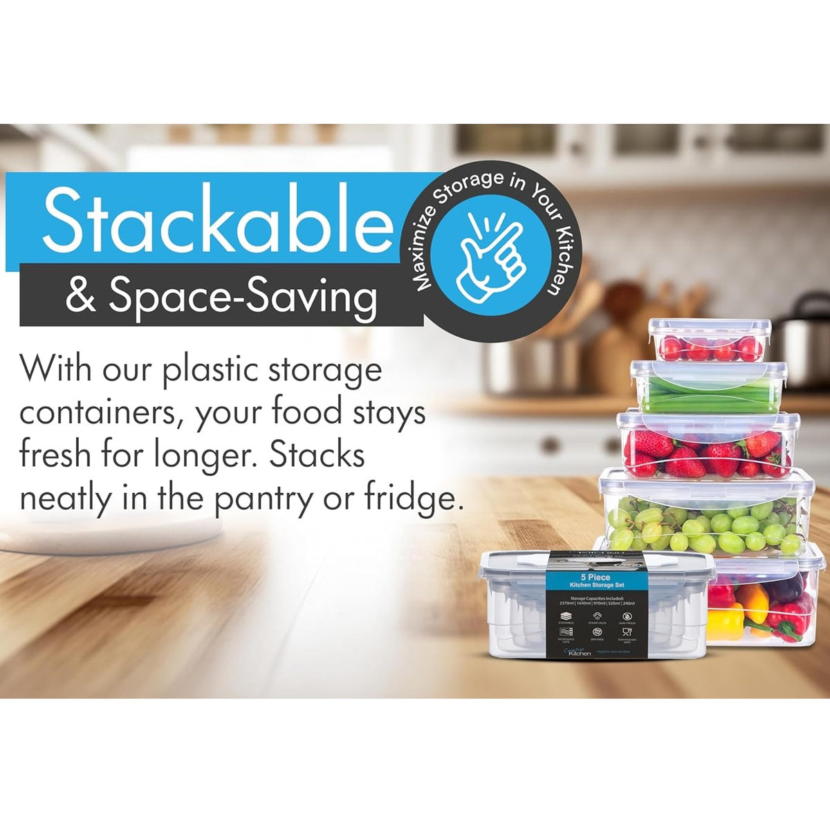 Pendeford Creative Kitchen Storage Containers with Lids Clear Pack of 5 3420 | Stackable | BPA Free | Leak Proof with Steam Valve | Multi Size 2370ml | 1640ml | 970ml | 520ml | 240ml | Food Storage Boxes