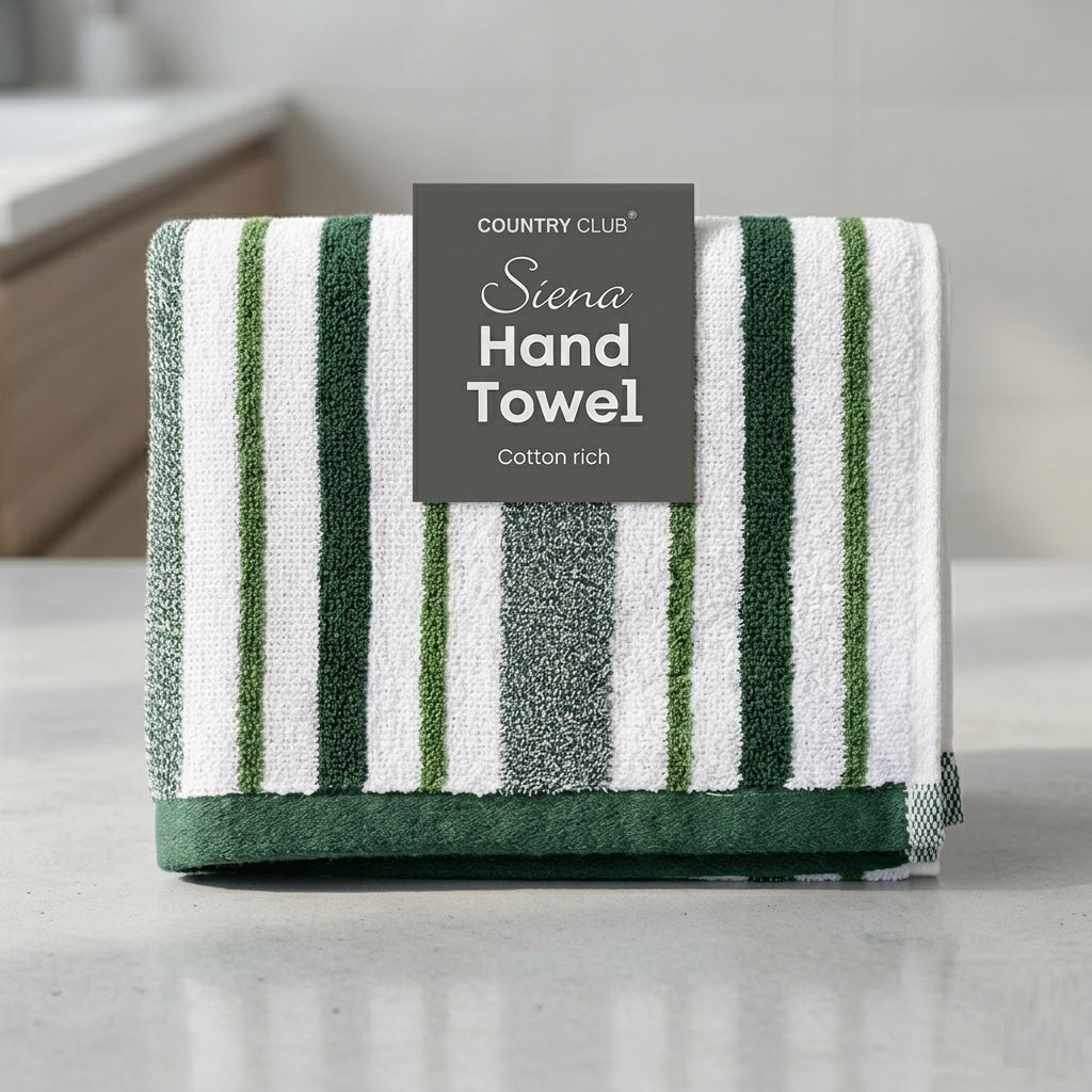 Country Club Sienna Hand Towel Green Stripe 50cm x 80cm PTH245640 | Cotton Rich Hand Towel | Soft Absorbent Bathroom Towel | Face Towel | Guest Towel | Everyday Use Bathroom Linen