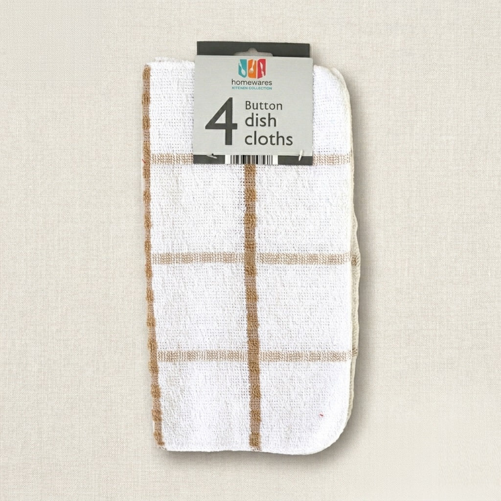 Country Club Homewares Button Dish Cloth White Pack of 4 CLE247545 | Cotton Kitchen Dish Cloths | Absorbent Cleaning Cloth | Reusable Dishcloth | Kitchen Cleaning Wipes | Multipurpose Cleaning Cloth
