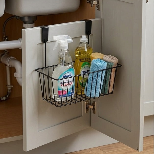 Hanging Metal Wire Shower Caddy Black 28cm x 20cm x 12cm AF037 | Storage Basket Rack | Kitchen Cabinet Cupboard Shelf Holder | Bathroom Storage Basket | Space Saving Hanging Rack | Multipurpose Storage | Over Cabinet Rack | Door Hanging Organizer