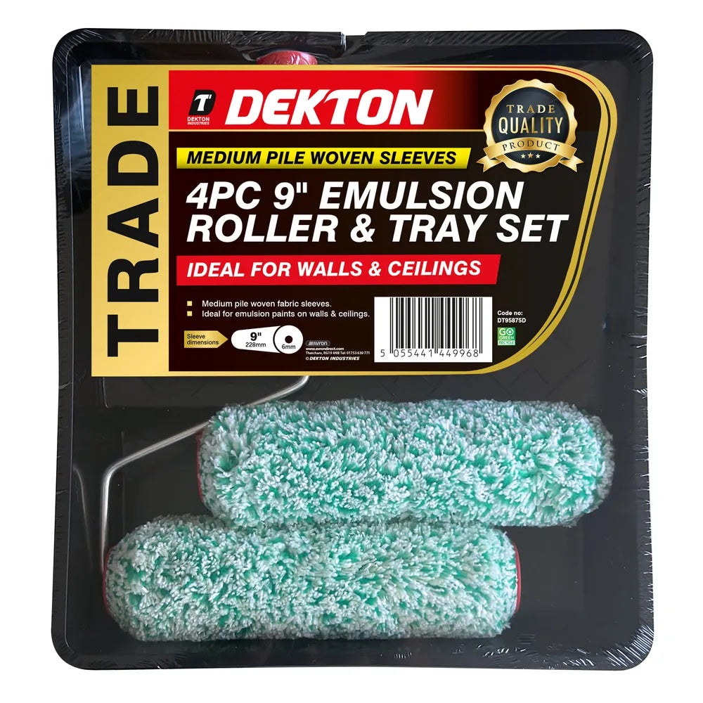 Dekton Emulsion Paint Roller and Tray Set Black 9-Inch Pack of 4 DT95875D | Medium Pile Woven Fabric Sleeves | Roller Cage System | Paint Tray Kit for Walls and Ceilings | DIY Painting Tools Set | 1-Piece Roller Cage | 2-Piece Fabric Sleeves | 1-Piece