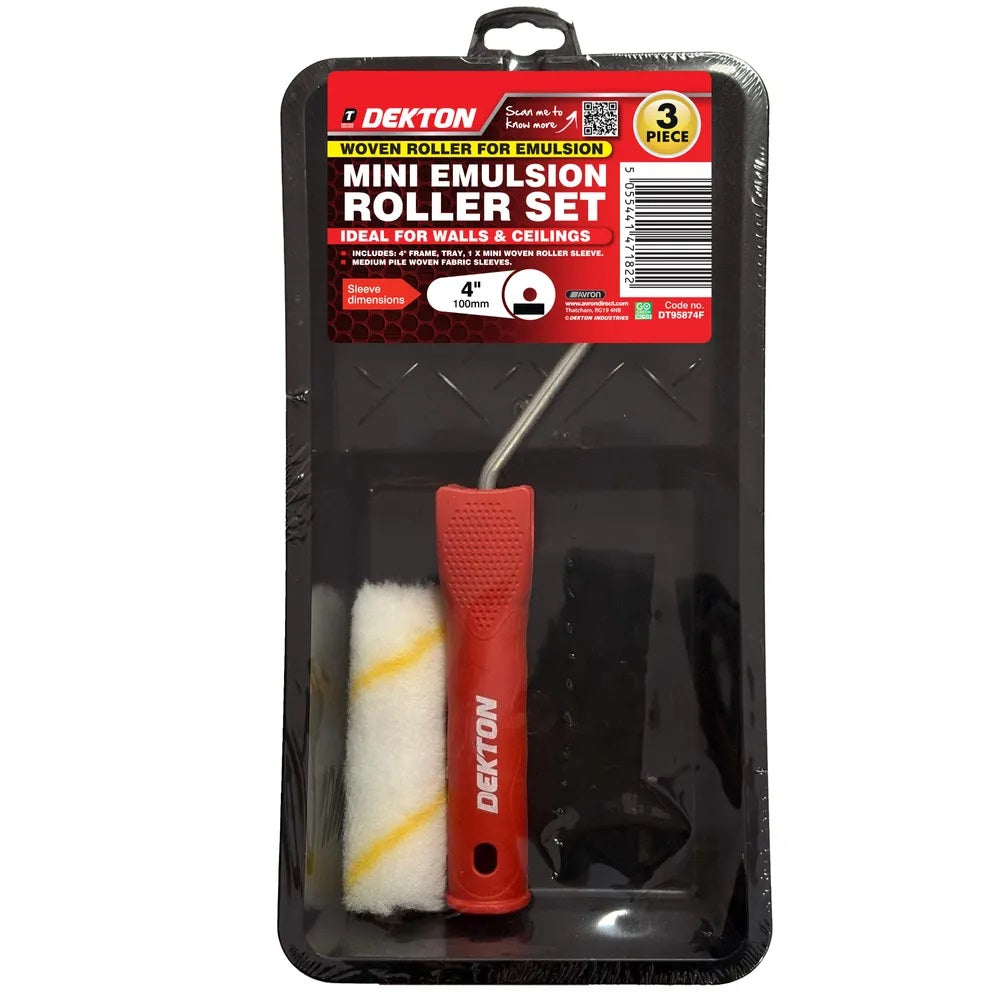 Dekton Mini Emulsion Paint Roller Black 4-Inch Pack of 3 DT95874F | Woven Roller Sleeve | Paint Tray and Frame Kit | Ideal for Walls and Ceilings | DIY Painting Tools Set | 1-Piece Mini Woven Roller Sleeve | 1-Piece Medium Pile Woven Fabric Sleeves | Home Painting Supplies | Roller And Tray Set | Decorating Tools | Interior Painting Tools