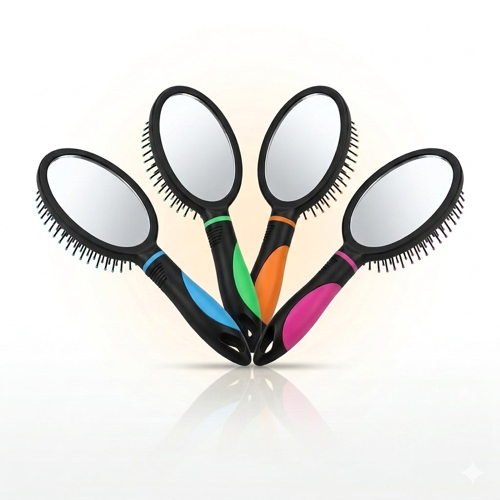 JL Supplies Mirror Hair Brush with Handle Assorted Colours 1225 | Handheld Hair Brush | Mirror Back Brush | Everyday Grooming Hairbrush