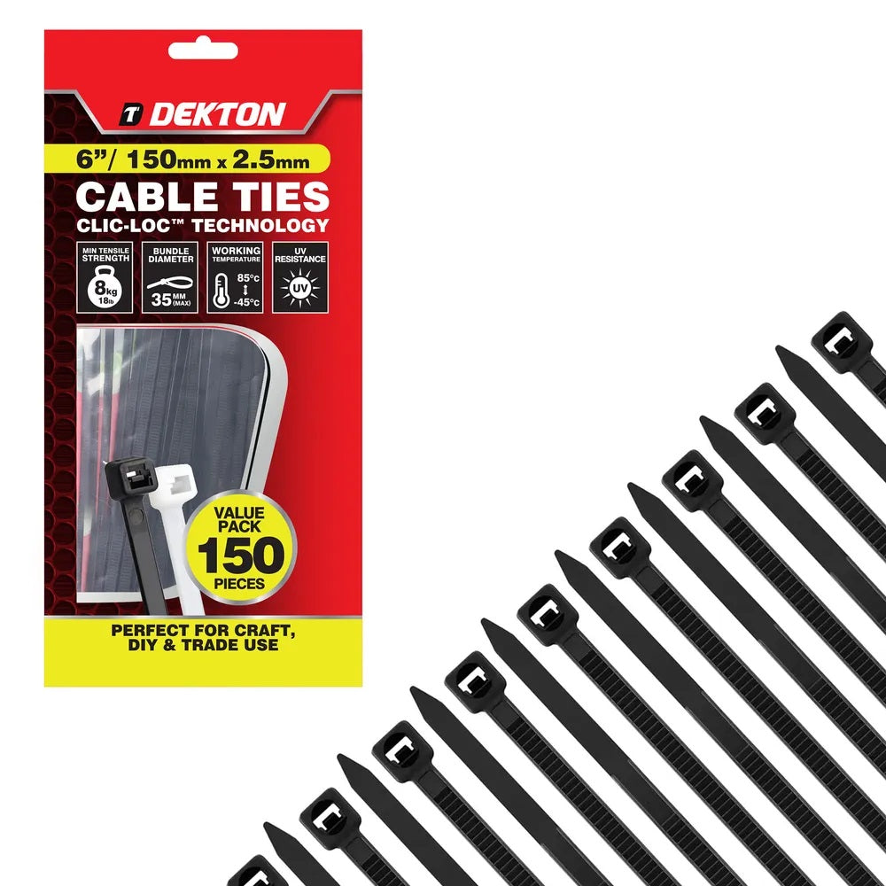 Dekton Heavy-Duty Multi Purpose Cable Ties Black 150mm x 2.5mm Pack of 150 DT70456B | Clic-Loc Technology | High Tensile Strength | Temperature Resistant | Self-Locking Teeth | For Indoor and Outdoor Use | UV Resistance | Bundle Diameter 35mm | Holds Up to 8Kg | For Craft-DIY and Trade Use | Bundling Tools | Zip Ties | Nylon Cable Ties