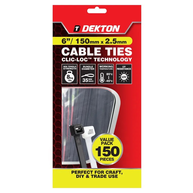 Dekton Heavy-Duty Multi Purpose Cable Ties Black 150mm x 2.5mm Pack of 150 DT70456B | Clic-Loc Technology | High Tensile Strength | Temperature Resistant | Self-Locking Teeth | For Indoor and Outdoor Use | UV Resistance | Bundle Diameter 35mm | Holds Up