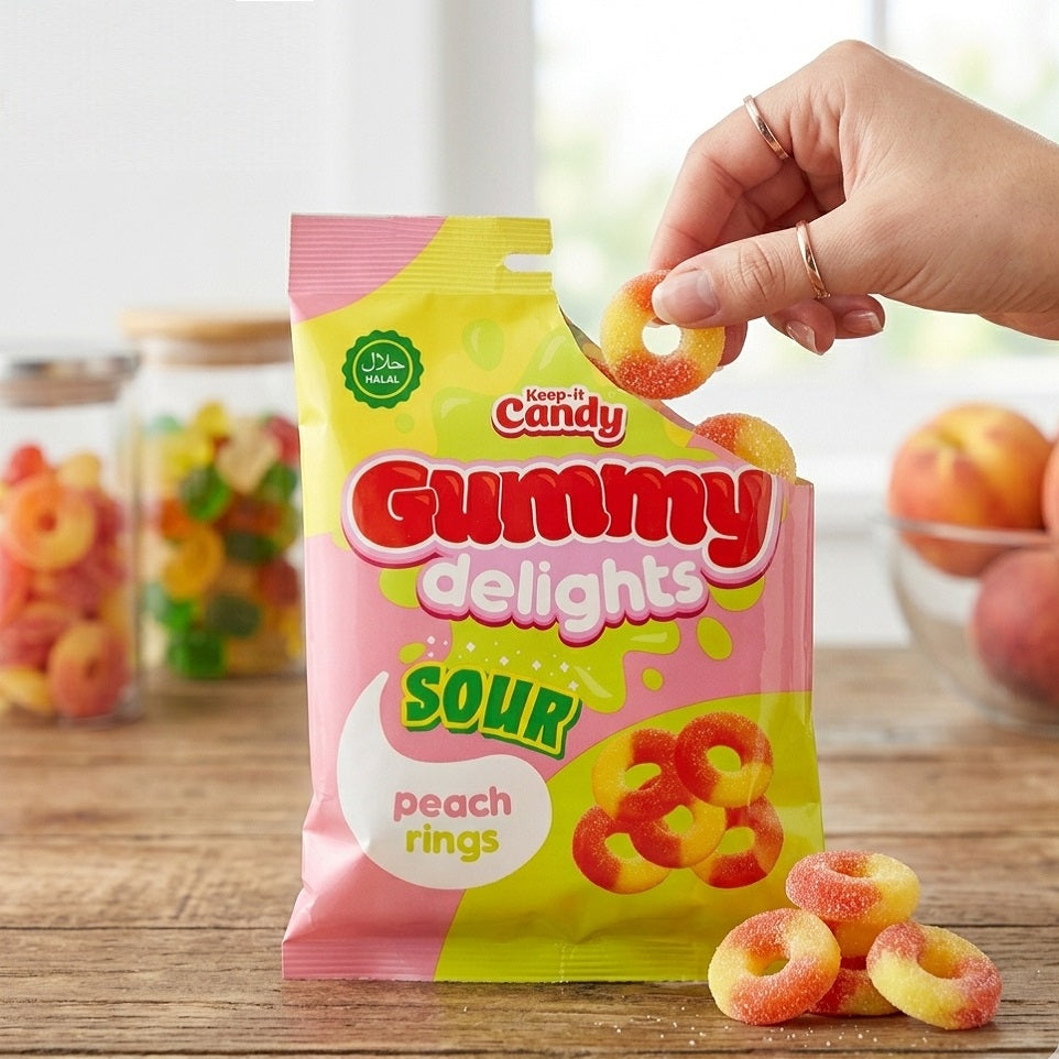OTL Keep It Candy Gummy Delights Sour Peach Rings Assorted 160g 201262 | Sour Gummy Rings | Halal Fruit Juice Sweets | Fizzy Peach Candy | Tangy Fruit Jelly | Party Bag Fillers Kids Snacking