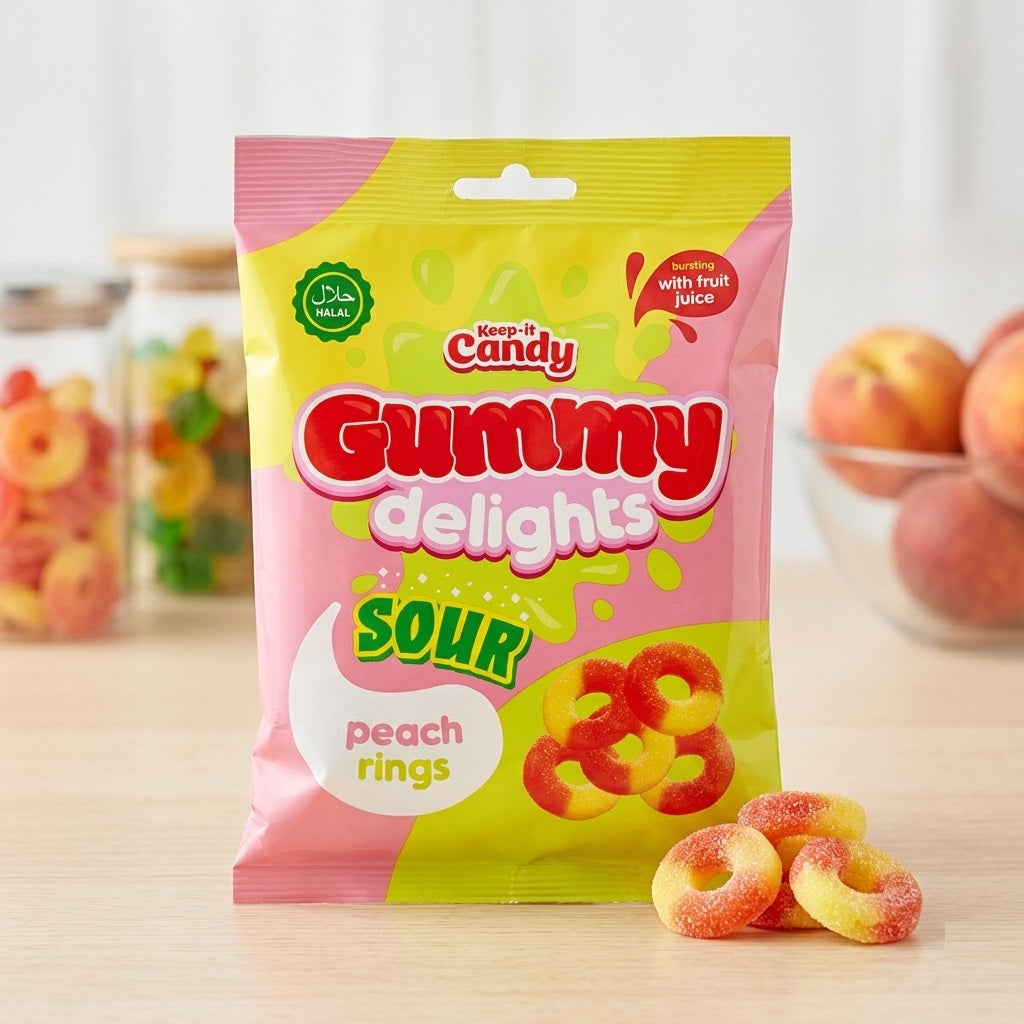 OTL Keep It Candy Gummy Delights Sour Peach Rings Assorted 160g 201262 | Sour Gummy Rings | Halal Fruit Juice Sweets | Fizzy Peach Candy | Tangy Fruit Jelly | Party Bag Fillers Kids Snacking