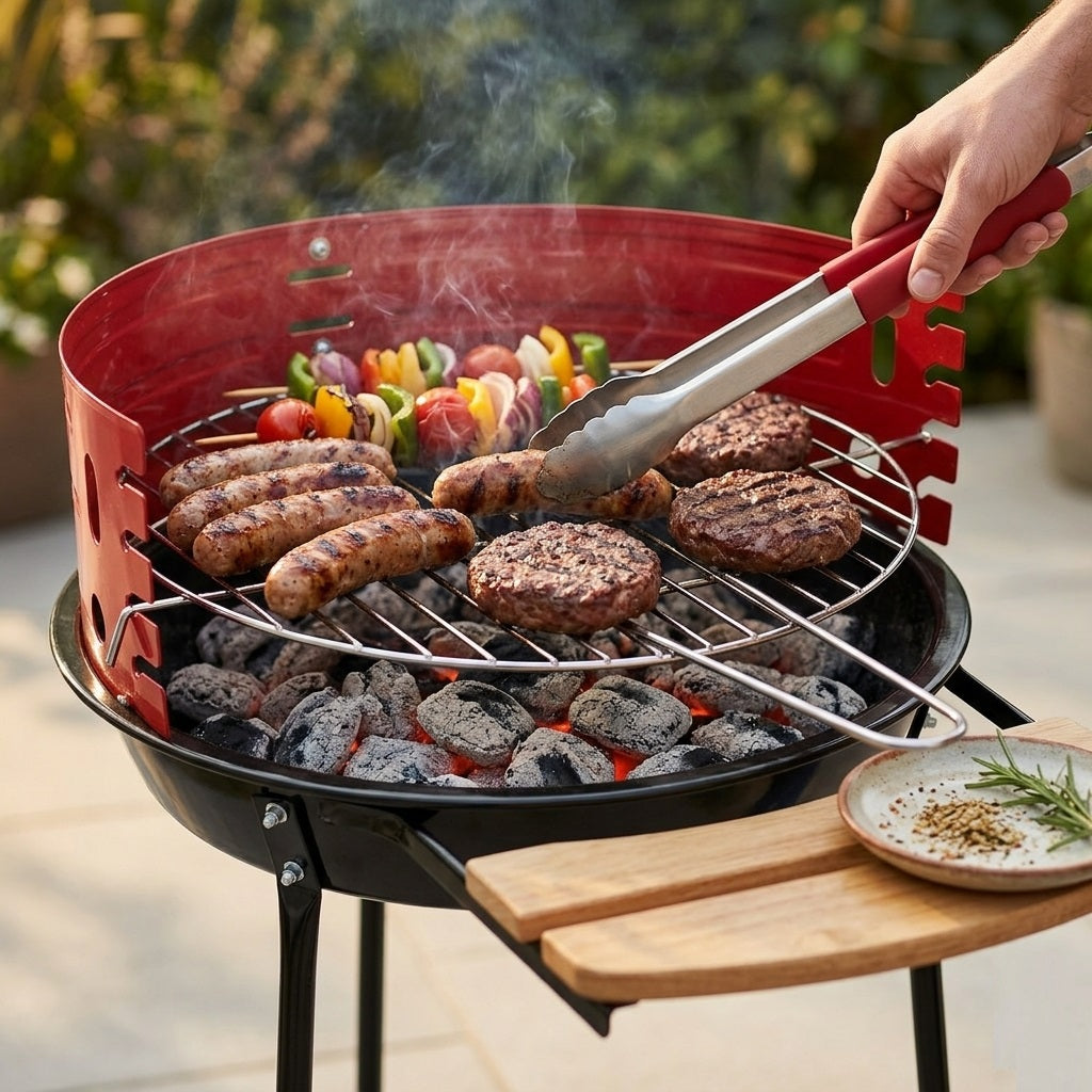 BBQ Barbecue Red and Black D33cm x H55cm C83000550 | Half Round Charcoal Grill | GS TUV Approved Outdoor Griller | Portable Garden BBQ | Metal Patio Cooking Stand | Summer Camping Picnic Outdoor Dining