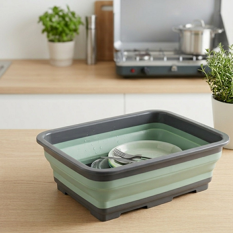 Redcliffs Collapsible Dishwashing Bowl Green Grey 8 Litre 37cm x 27cm x 12cm 179652490 | Foldable Washing Up Basin | Space Saving Sink Bucket | Portable Water Container | Silicon Laundry Tub | Camping Caravan Hiking Kitchen Storage