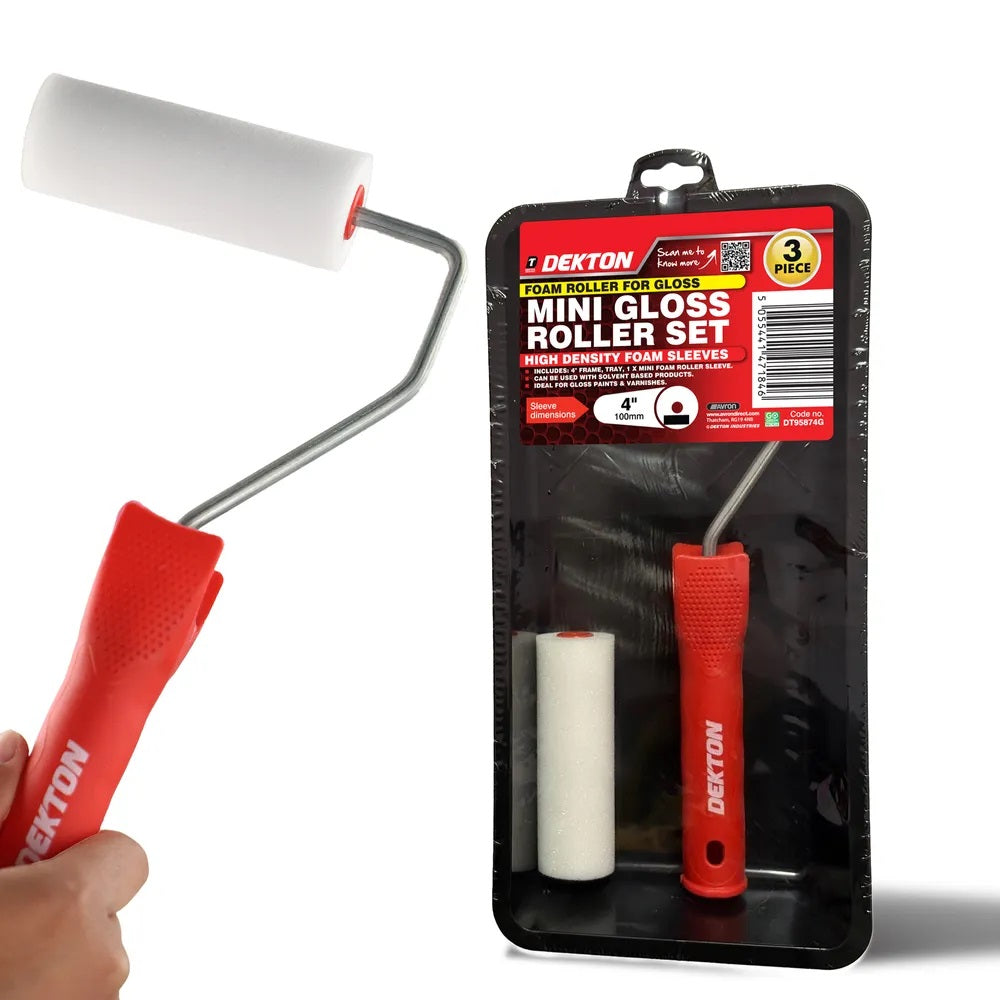 Dekton Mini Gloss Roller Set Red and White 4-Inch x 6mm Pack of 3 DT95874 | 1 x Frame | 1 x Mini Foam Roller Sleeve | 1 x Tray | High Density Foam Sleeves | Mini Paint Roller Frame | Ideal for Gloss Paints and Varnishes | DIY Decorating Tools Set | Use with Solvent Based Products | DIY Painting Tools | Decorating Roller Set | Varnish Roller | Paint Accessories | Home Decorating Supplies