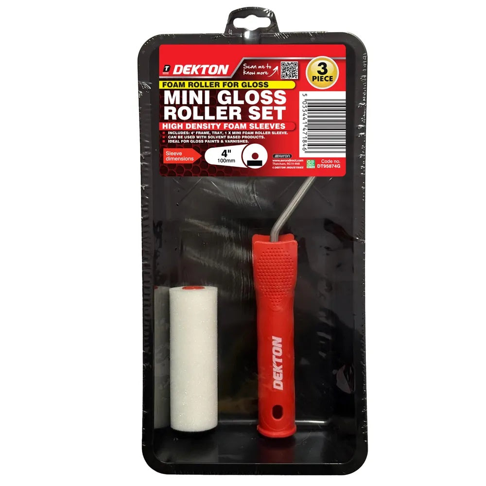 Dekton Mini Gloss Roller Set Red and White 4-Inch x 6mm Pack of 3 DT95874 | 1 x Frame | 1 x Mini Foam Roller Sleeve | 1 x Tray | High Density Foam Sleeves | Mini Paint Roller Frame | Ideal for Gloss Paints and Varnishes | DIY Decorating Tools Set | Use