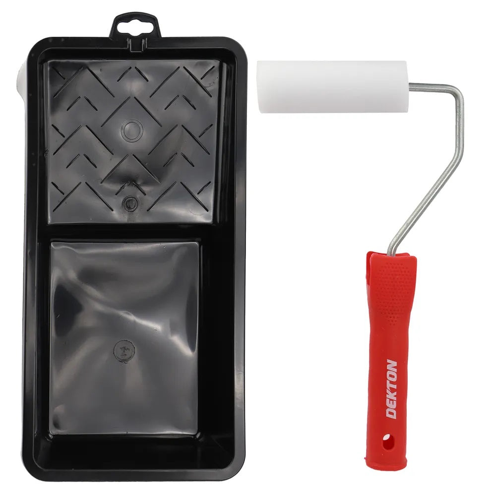 Dekton Mini Gloss Roller Set Red and White 4-Inch x 6mm Pack of 3 DT95874 | 1 x Frame | 1 x Mini Foam Roller Sleeve | 1 x Tray | High Density Foam Sleeves | Mini Paint Roller Frame | Ideal for Gloss Paints and Varnishes | DIY Decorating Tools Set | Use