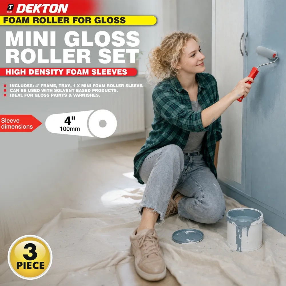 Dekton Mini Gloss Roller Set Red and White 4-Inch x 6mm Pack of 3 DT95874 | 1 x Frame | 1 x Mini Foam Roller Sleeve | 1 x Tray | High Density Foam Sleeves | Mini Paint Roller Frame | Ideal for Gloss Paints and Varnishes | DIY Decorating Tools Set | Use