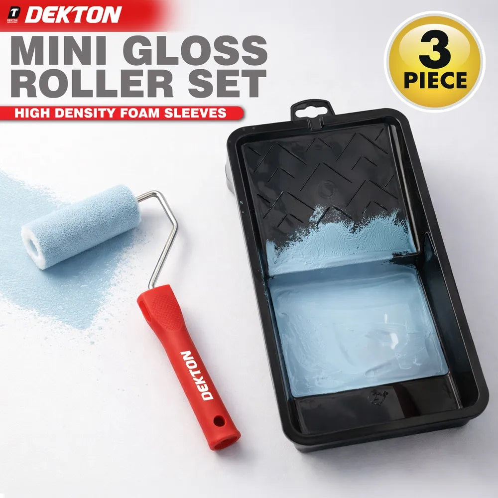 Dekton Mini Gloss Roller Set Red and White 4-Inch x 6mm Pack of 3 DT95874 | 1 x Frame | 1 x Mini Foam Roller Sleeve | 1 x Tray | High Density Foam Sleeves | Mini Paint Roller Frame | Ideal for Gloss Paints and Varnishes | DIY Decorating Tools Set | Use