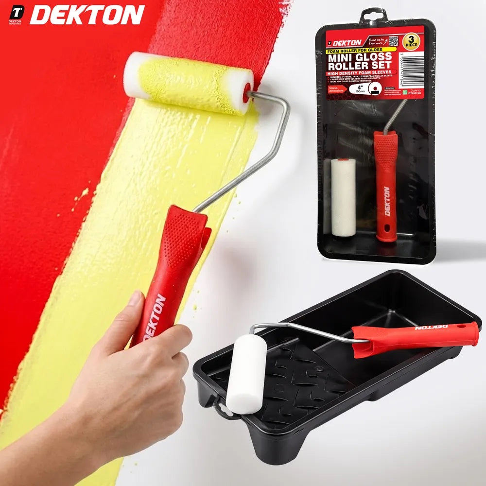 Dekton Mini Gloss Roller Set Red and White 4-Inch x 6mm Pack of 3 DT95874 | 1 x Frame | 1 x Mini Foam Roller Sleeve | 1 x Tray | High Density Foam Sleeves | Mini Paint Roller Frame | Ideal for Gloss Paints and Varnishes | DIY Decorating Tools Set | Use