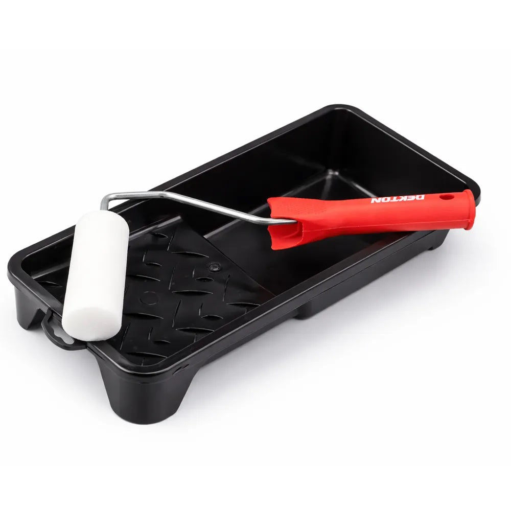 Dekton Mini Gloss Roller Set Red and White 4-Inch x 6mm Pack of 3 DT95874 | 1 x Frame | 1 x Mini Foam Roller Sleeve | 1 x Tray | High Density Foam Sleeves | Mini Paint Roller Frame | Ideal for Gloss Paints and Varnishes | DIY Decorating Tools Set | Use