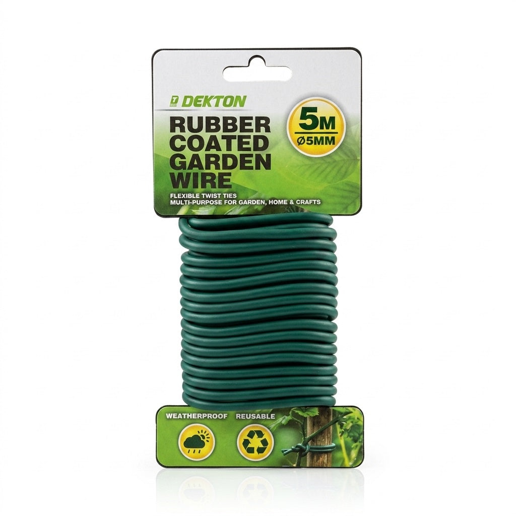 Dekton Rubber Coated Garden Wire Green 5mm x 5Mtr DTG2105 | Flexible Twist Ties | Multi-Purpose for Garden Home and Crafts | Strong Galvanised Iron Core | Provides Secure Support | Easy to Cut