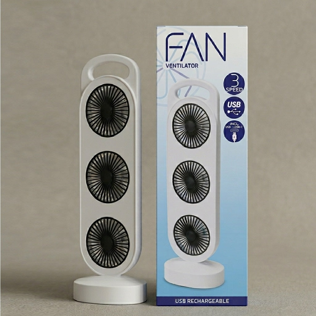 Table Fan with 3 Speed White 109000540 | USB Rechargeable Triple Desk Fan | Portable Tower Ventilator | Cooling Air Cooler | Personal Desktop Blower | Home-Office-Travel -Bedroom-Study