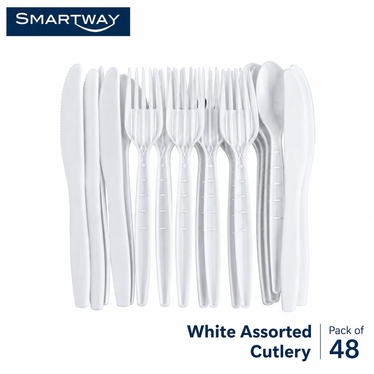 Smartway Assorted Cutlery White Pack of 48 SM3009 | Reusable Plastic Cutlery Set | White Fork Spoon Knife Set | Disposable Party Picnic BBQ Catering Tableware | Recyclable Dining Utensils