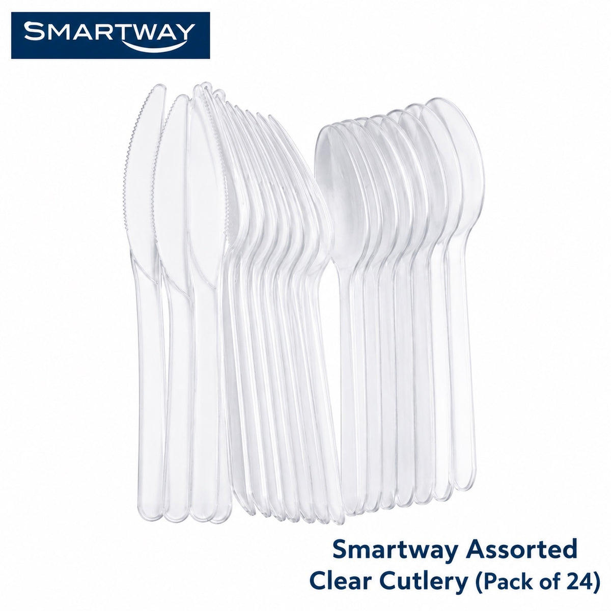 Smartway Assorted Cutlery Clear Pack of 24 SM3011 | Heavyweight Plastic Cutlery Set | Reusable Recyclable Fork Spoon Knife Set | Disposable Party Picnic BBQ Catering Tableware | Clear Dining Utensils