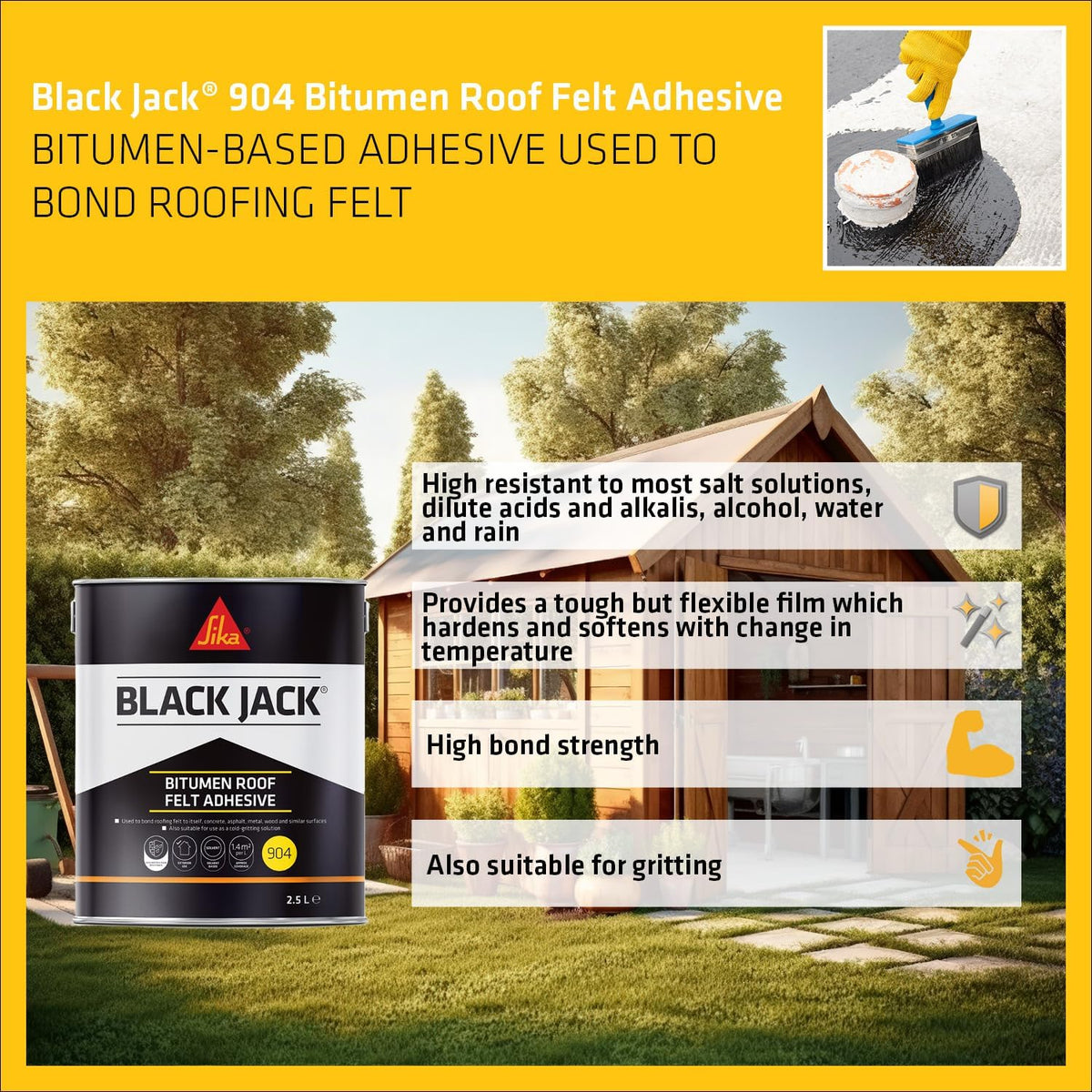 Everbuild Sika Black Jack Bitumen Roof Felt Adhesive 904 Black 2.5Ltr 852651 | Solvent Based Roofing Felt Bonding Compound | Exterior Roof Repair Sealant | Cold Gritting Solution | Concrete Asphalt Metal Wood Surface Adhesive