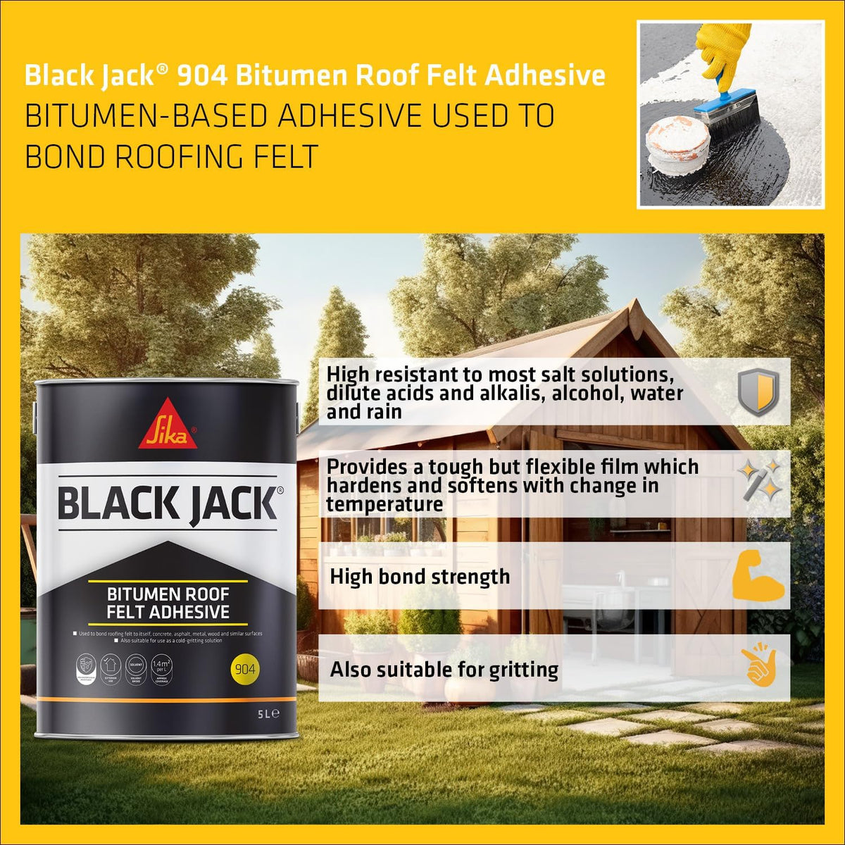 Everbuild Sika Black Jack Bitumen Roof Felt Adhesive 904 Black 5Ltr 486995 | Solvent Based Roofing Felt Bonding Compound | Exterior Roof Repair Sealant | Cold Gritting Solution | Concrete Asphalt Metal Wood Surface Adhesive