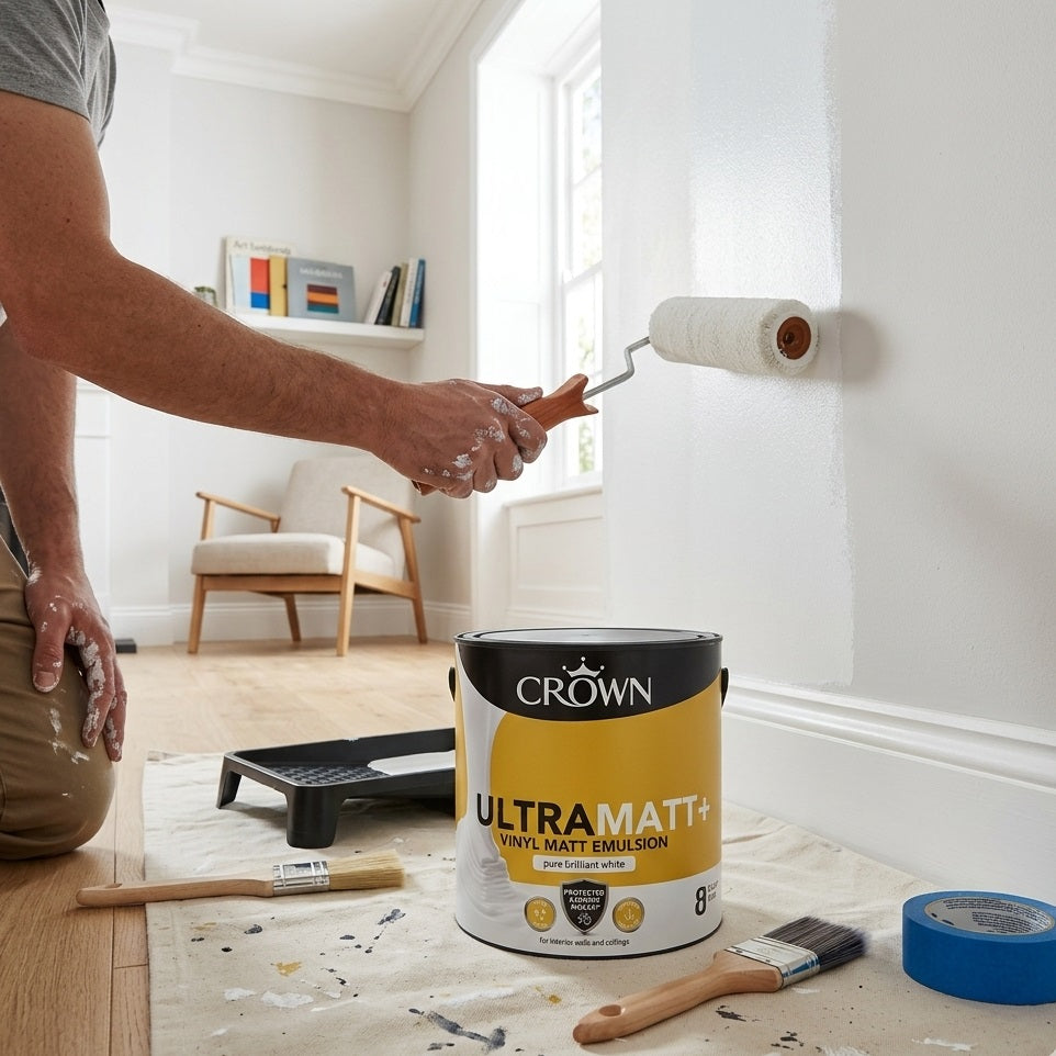 Crown Ultramatt Plus Pure Brilliant White 2.5Ltr 5101850 | Vinyl Matt Emulsion Paint | Interior Wall and Ceiling Paint | Mould Resistant Matt Finish | High Coverage Decorative Paint | Ultra White Smooth Finish