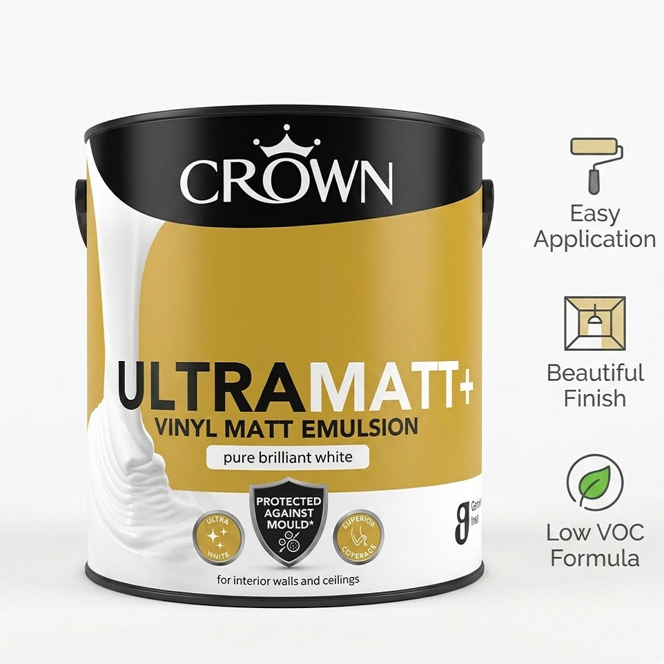 Crown Ultramatt Plus Pure Brilliant White 2.5Ltr 5101850 | Vinyl Matt Emulsion Paint | Interior Wall and Ceiling Paint | Mould Resistant Matt Finish | High Coverage Decorative Paint | Ultra White Smooth Finish