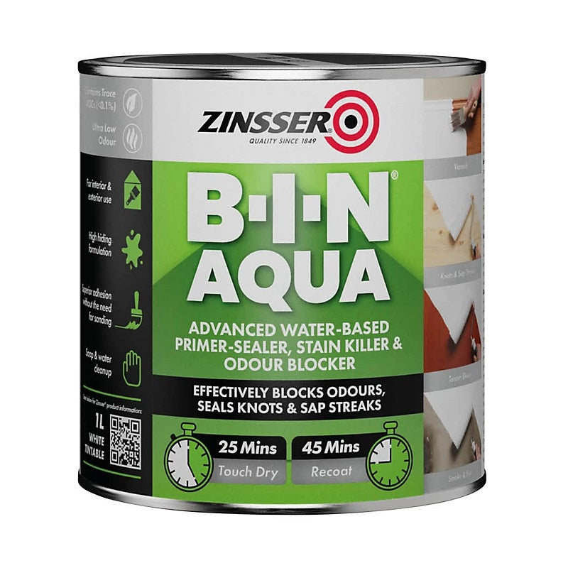 Zinsser B-I-N Aqua Advanced Water Based Primer Sealer White 1Ltr ZN7440001D1 | Stain Killer and Odour Blocker | 25 Minutes Touch Dry | 45 Minutes Recoat | For Interior and Exterior Use | High Hiding Formulation