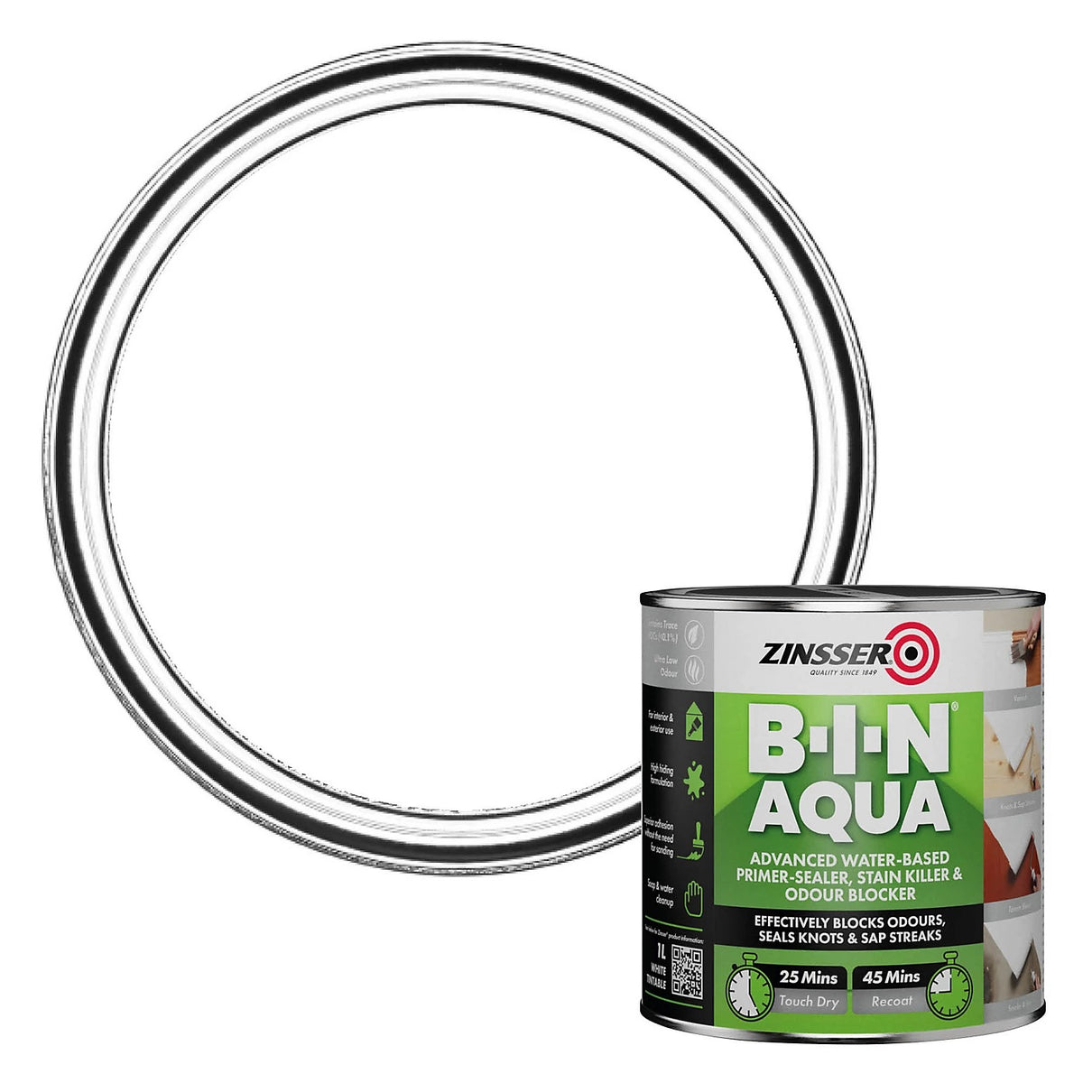 Zinsser B-I-N Aqua Advanced Water Based Primer Sealer White 1Ltr ZN7440001D1 | Stain Killer and Odour Blocker | 25 Minutes Touch Dry | 45 Minutes Recoat | For Interior and Exterior Use | High Hiding Formulation