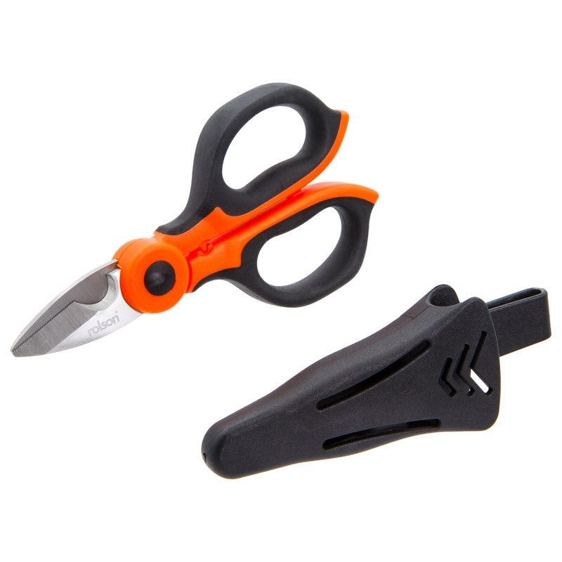 Rolson Multi-Purpose Electricians Scissors Black and Orange 155mm 64464 | Stainless Steel Blades and Soft Cushion Grips | Suitable for Cuting Wire Maximum 10mm | Belt Clip Sheath