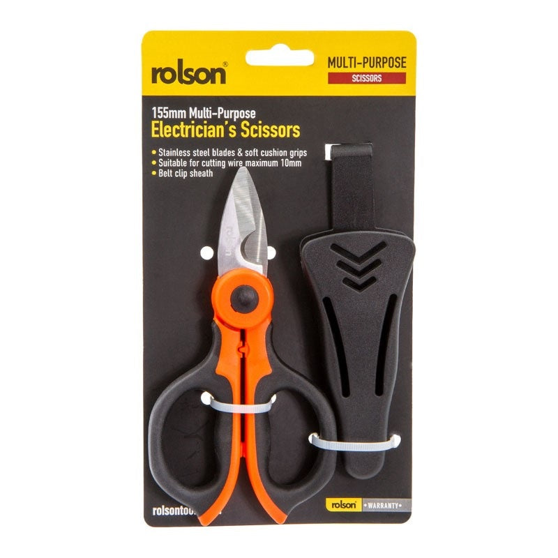 Rolson Multi-Purpose Electricians Scissors Black and Orange 155mm 64464 | Stainless Steel Blades and Soft Cushion Grips | Suitable for Cuting Wire Maximum 10mm | Belt Clip Sheath