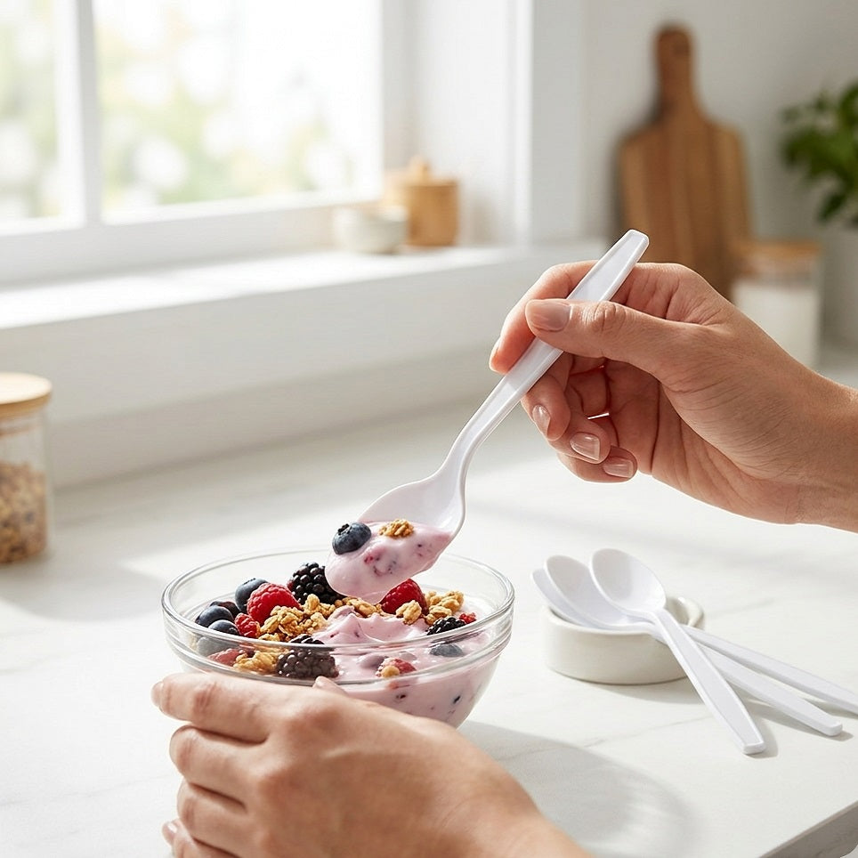 Smartway Plastic Spoons White Pack of 50 SM3008 | Reusable Recyclable PP Plastic Cutlery | Disposable Party Picnic BBQ Catering Tableware | Durable Dining Utensils | Food Safe Catering Spoons