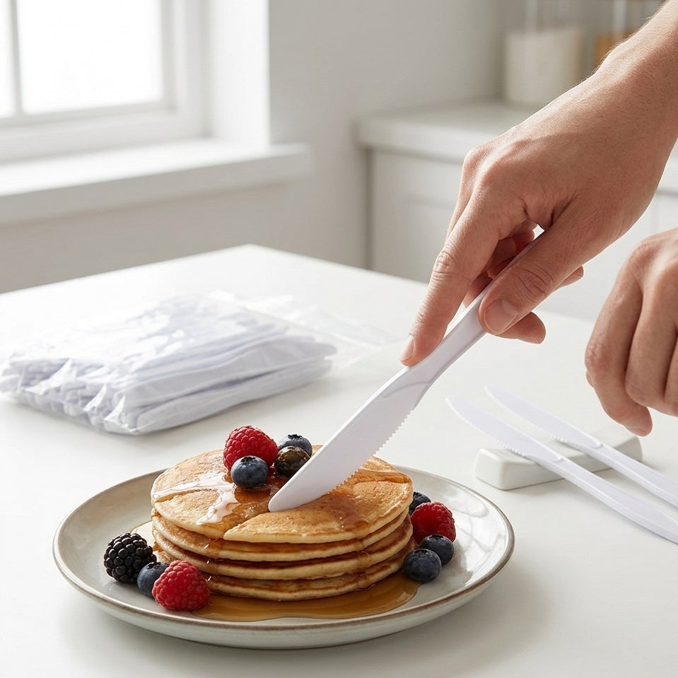 Smartway Plastic Knives White Pack of 50 SM3006 | Reusable Recyclable PP Plastic Cutlery | Disposable Party Picnic BBQ Catering Tableware | Durable Dining Utensils | Food Safe Catering Knives
