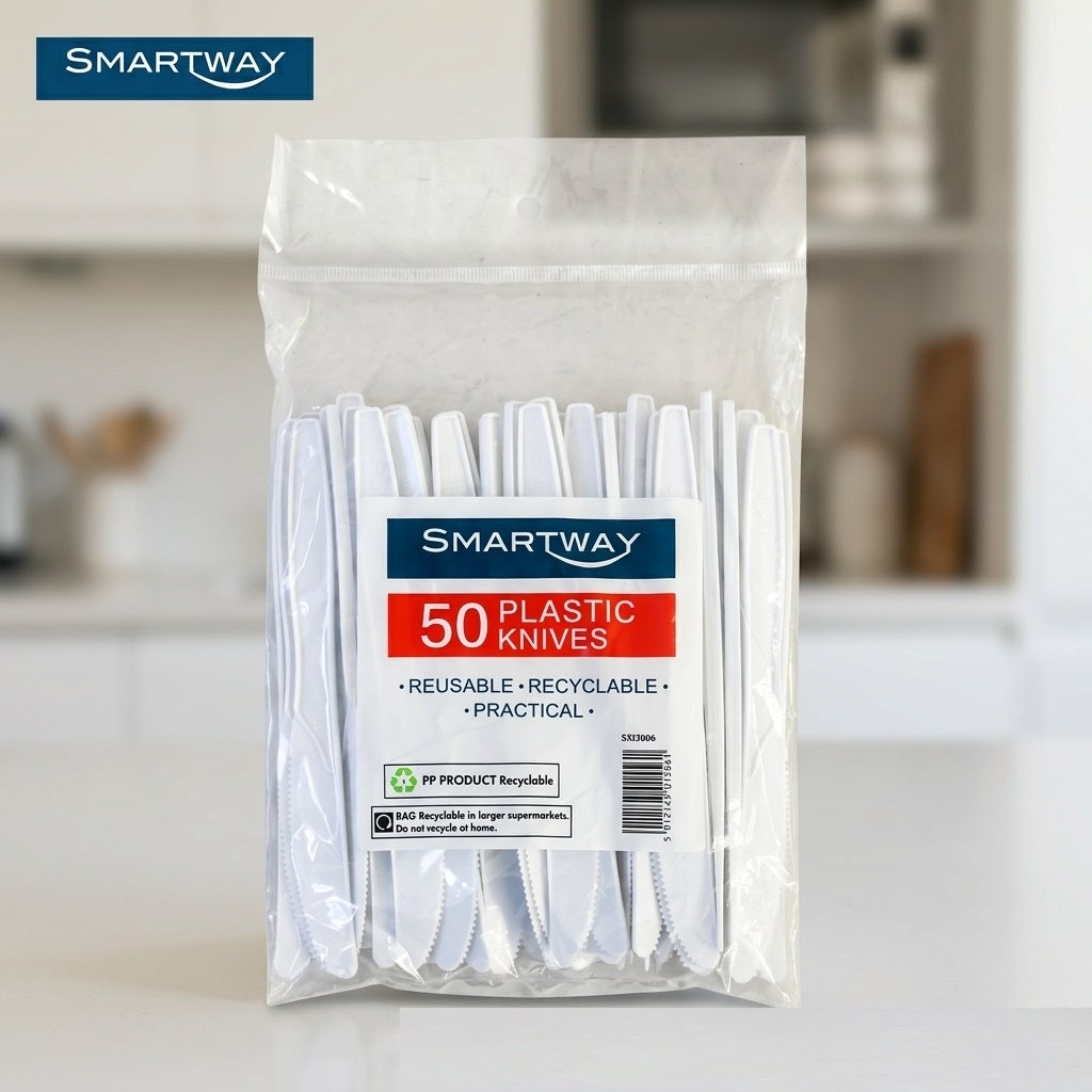 Smartway Plastic Knives White Pack of 50 SM3006 | Reusable Recyclable PP Plastic Cutlery | Disposable Party Picnic BBQ Catering Tableware | Durable Dining Utensils | Food Safe Catering Knives