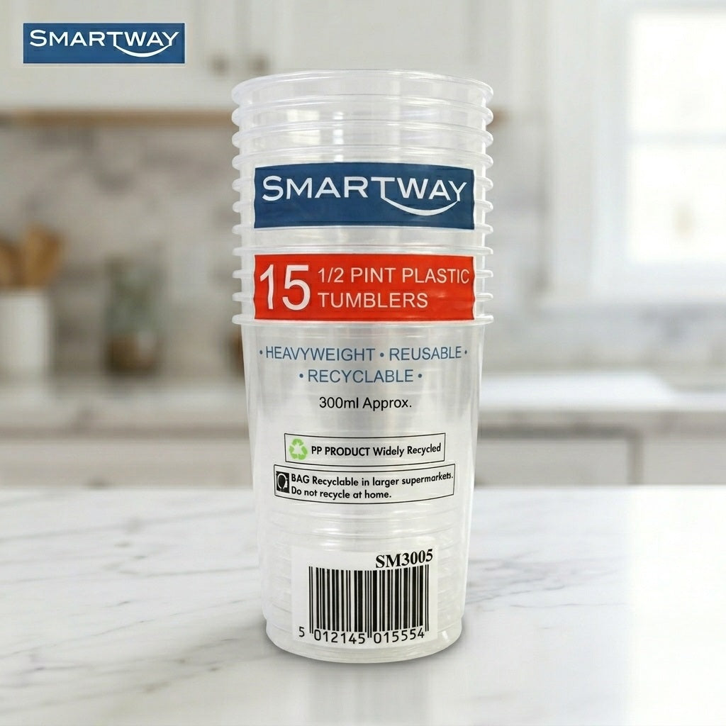 Smartway Plastic Tumblers Clear 300ml Pack of 15 SM3005 | 0.5 Pint Heavyweight Reusable Recyclable PP Plastic Cups | Disposable Party Picnic BBQ Event Catering Drinkware | Durable Cold Drink Glass Substitute