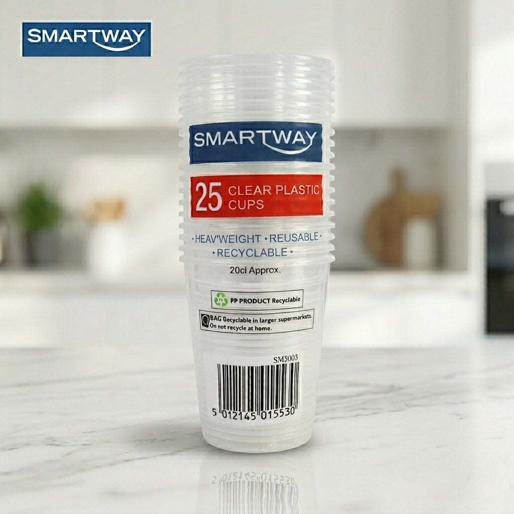 Smartway Plastic Cups Clear 200ml Pack of 25 SM3003 | Heavyweight Reusable Recyclable PP Plastic Tumblers | Disposable Party Picnic BBQ Event Catering Drinkware | Durable Cold Drink Water Juice Cups
