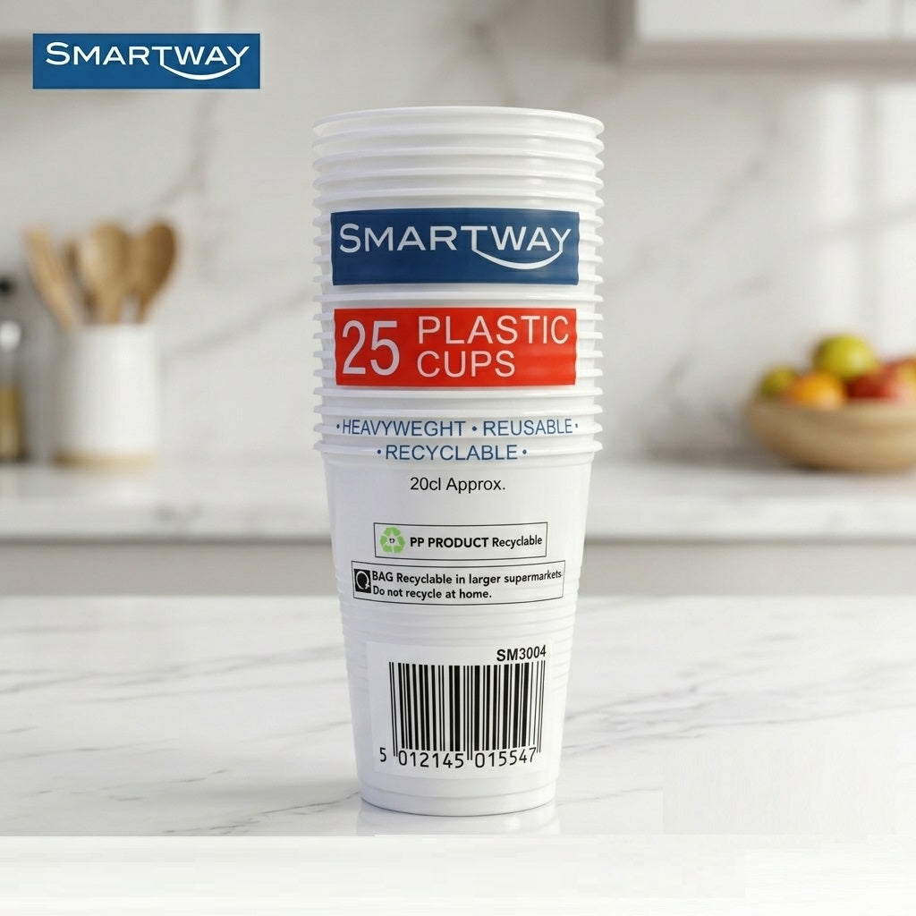 Smartway Plastic Cups White 200ml Pack of 25 SM3004 | Heavyweight Reusable Recyclable PP Plastic Tumblers | Disposable Party Picnic BBQ Event Catering Drinkware | Durable Cold Drink Water Juice Cups