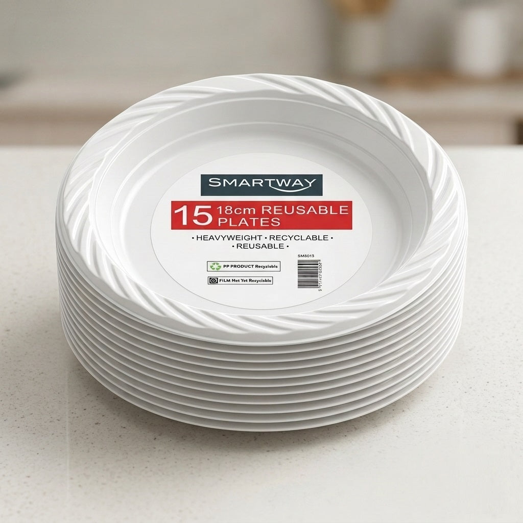 Smartway Reusable Plastic Plates White 18cm Pack of 15 SM3013 | Heavyweight Recyclable PP Plastic Round Plate | Washable Disposable Party Picnic BBQ Catering Tableware | Durable White Dinnerware Utensils