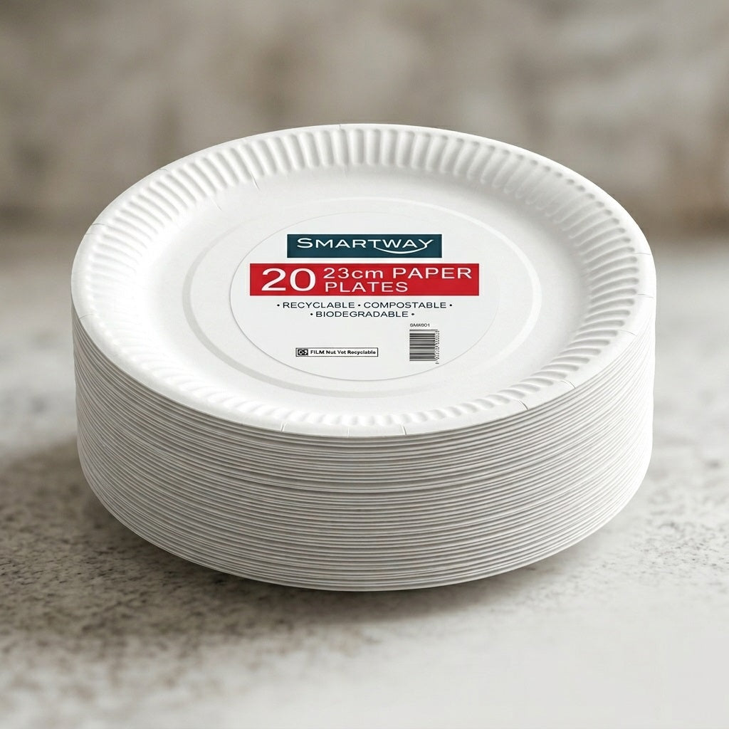 Smartway Paper Plates White 23cm Pack of 20 SM3001 | Recyclable Compostable Biodegradable Round Plate | Disposable Party Picnic BBQ Catering Tableware | Sustainable Eco Friendly Paper Dinnerware Utensils